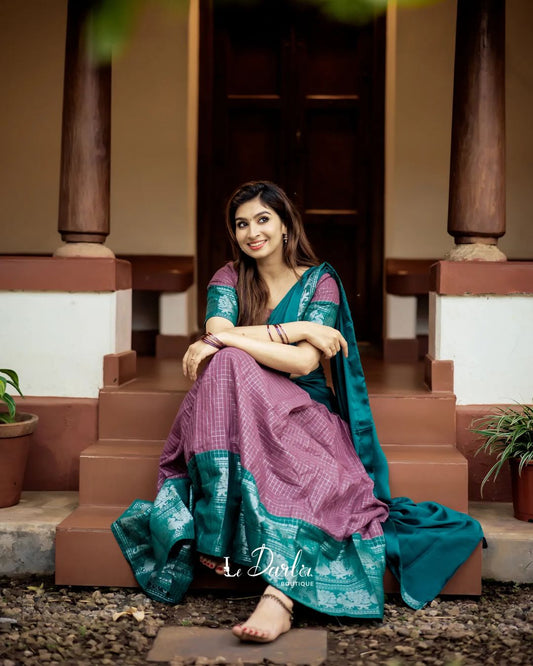 Mezos Teal Green & Mauve Checked Cotton Silk Half Saree Set | Amali Royal Heritage Collection