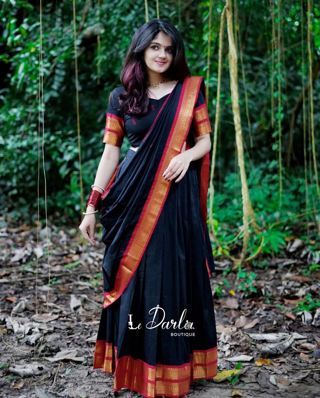 Mezos Black & Maroon Banarasi Kanjivaram Silk Zari Half Saree Set | Amali Royal Heritage Collection