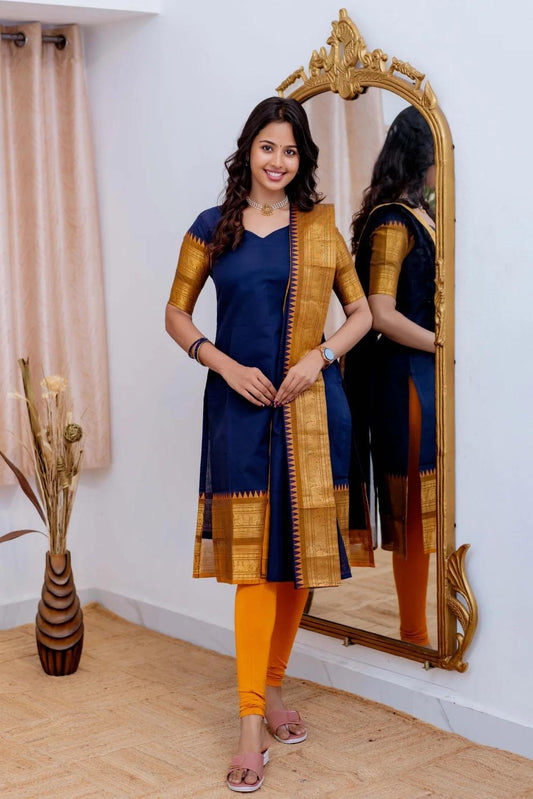 Mezos Navy Blue Cotton Silk Kurta with Golden Zari Dupatta – Elegant 2-Piece Set by Amali