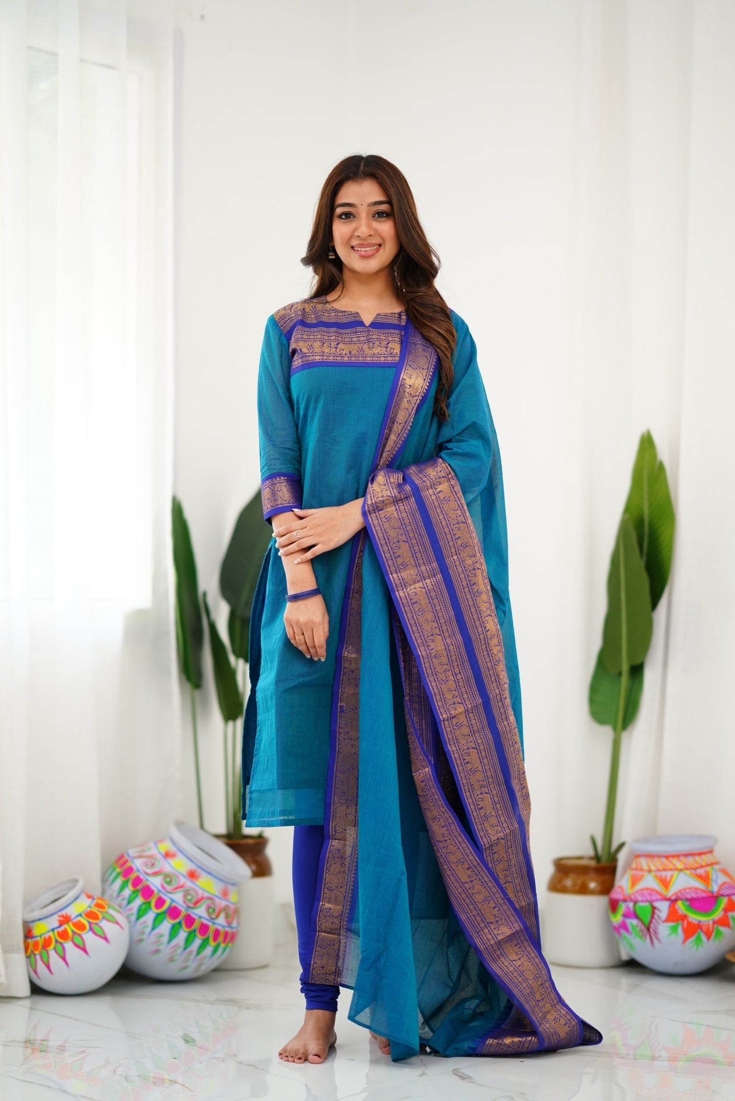 Mezos Royal Blue Cotton Silk Suit Set with Golden Zari Border – Premium Ethnic Wear by Amali