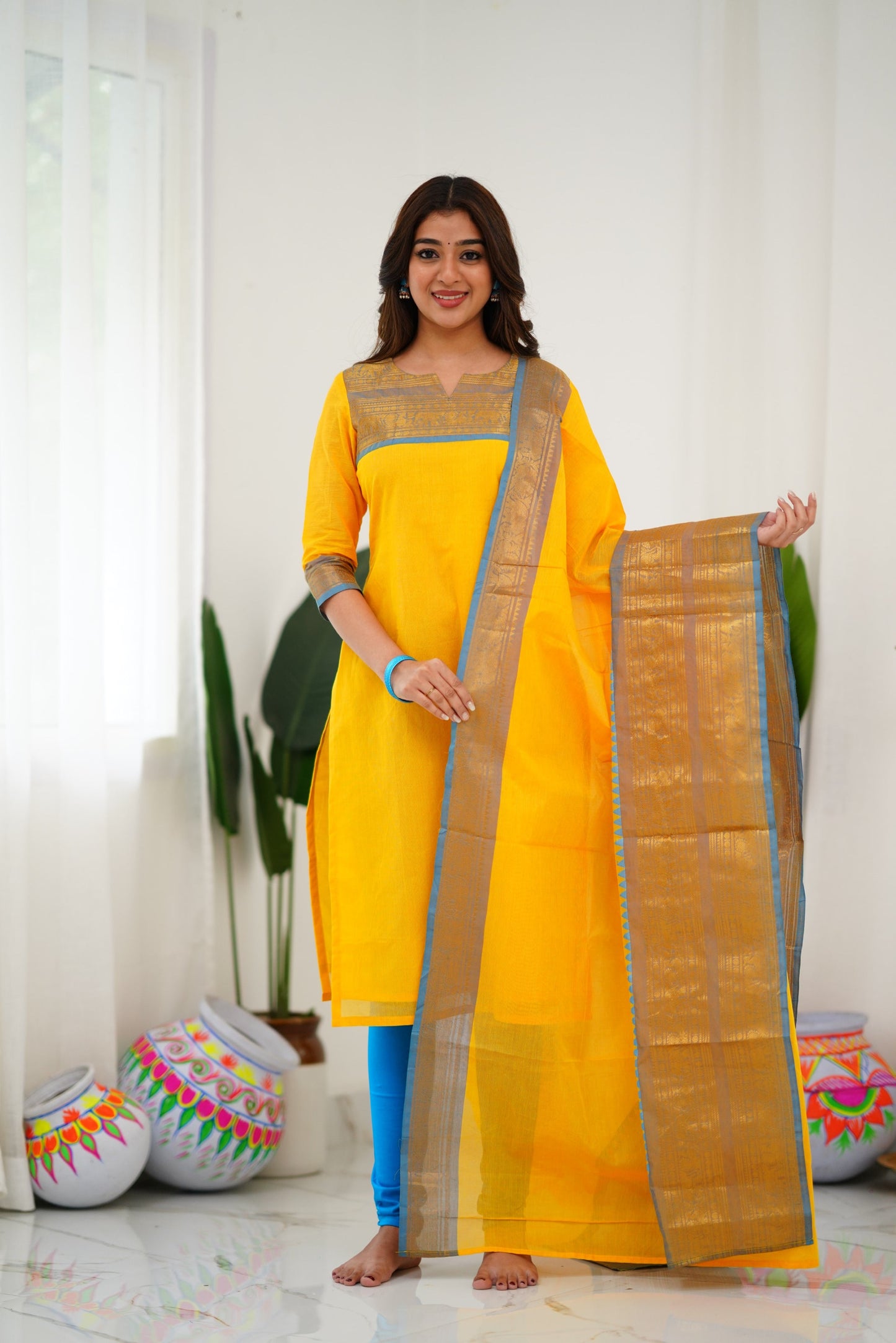 Mezos Yellow & Sky Blue Cotton Silk Suit Set with Golden Zari Border – Premium Ethnic Wear by Amali