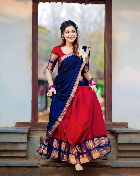Mezos Navy Blue & Red Kanjivaram Banarasi Silk Zari Half Saree Set | Amali Royal Heritage Collection