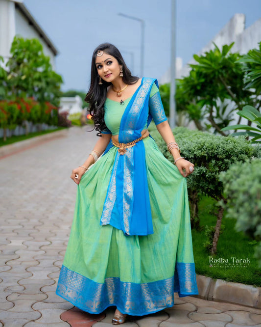 Mezos Aqua Blue & Parrot Green Banarasi Silk Half Saree Set | Amali Royal Heritage Collection