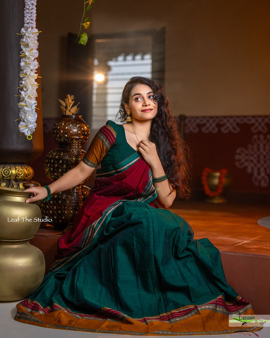 Mezos Bottle Green & Maroon Handloom Silk Half Saree Set | Amali Royal Heritage Collection