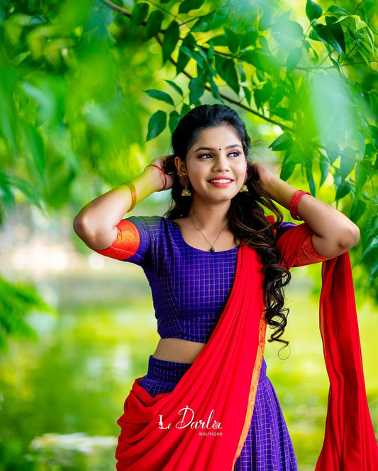 Mezos Royal Blue Checked & Red Banarasi Silk Zari Half Saree Set | Amali Royal Heritage Collection