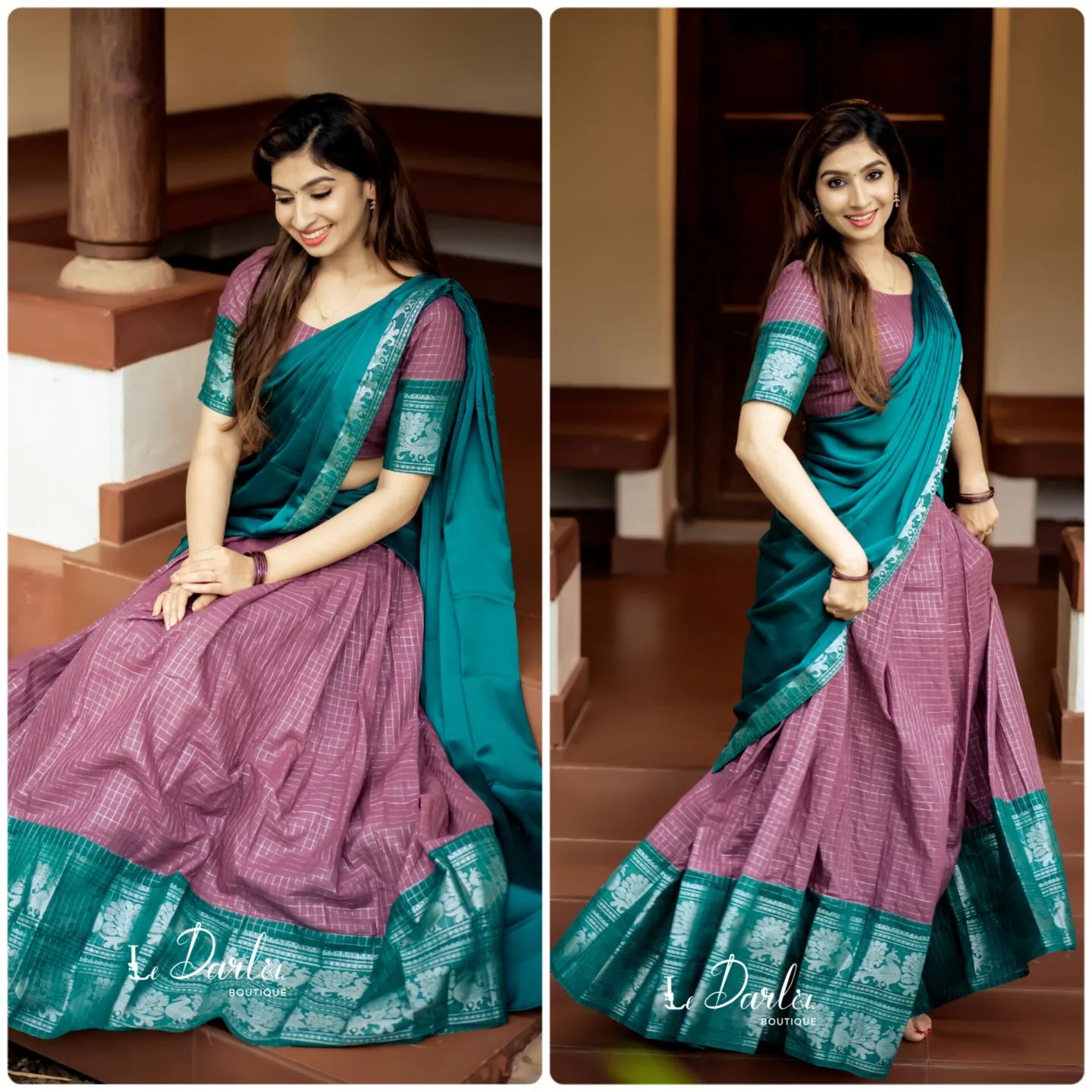 Mezos Teal Green & Mauve Checked Cotton Silk Half Saree Set | Amali Royal Heritage Collection