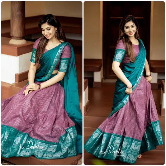 Mezos Teal Green & Mauve Checked Cotton Silk Half Saree Set | Amali Royal Heritage Collection