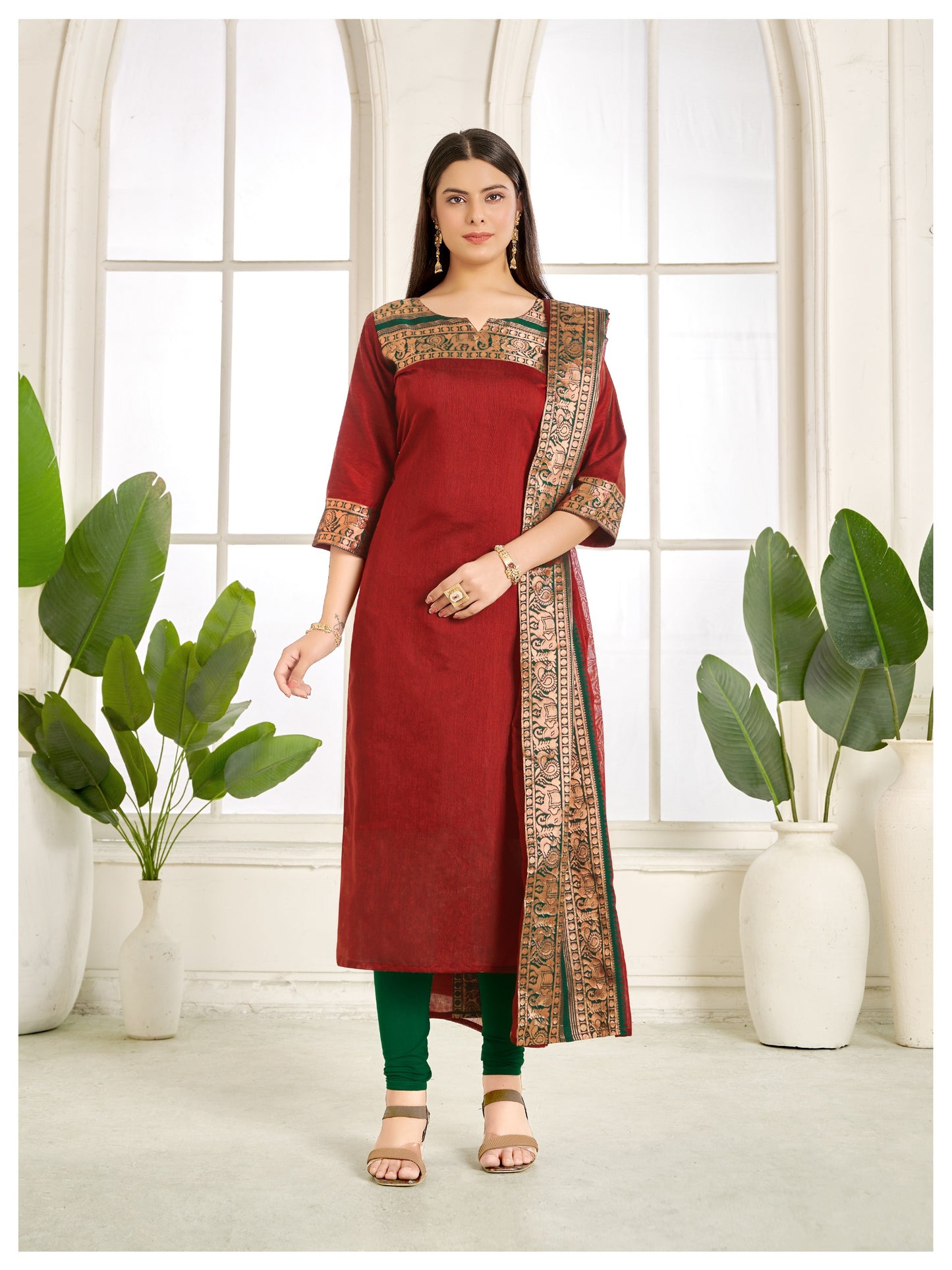 Mezos Maroon & Green Cotton Silk Suit Set with Golden Zari Border – Premium Ethnic Wear by Amali