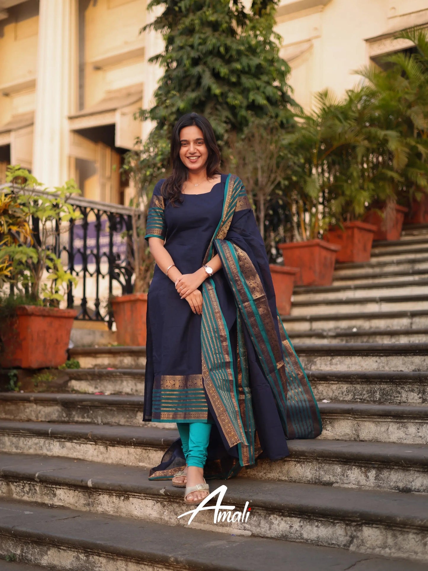 Mezos Navy Blue & Teal Cotton Silk Kurta with Golden Zari Dupatta – Elegant 2-Piece Set by Amali