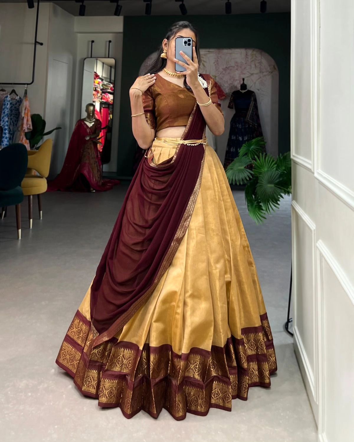 Gold & Maroon Banarasi Silk Zari Half Saree Set | Amali Royal Heritage Collection