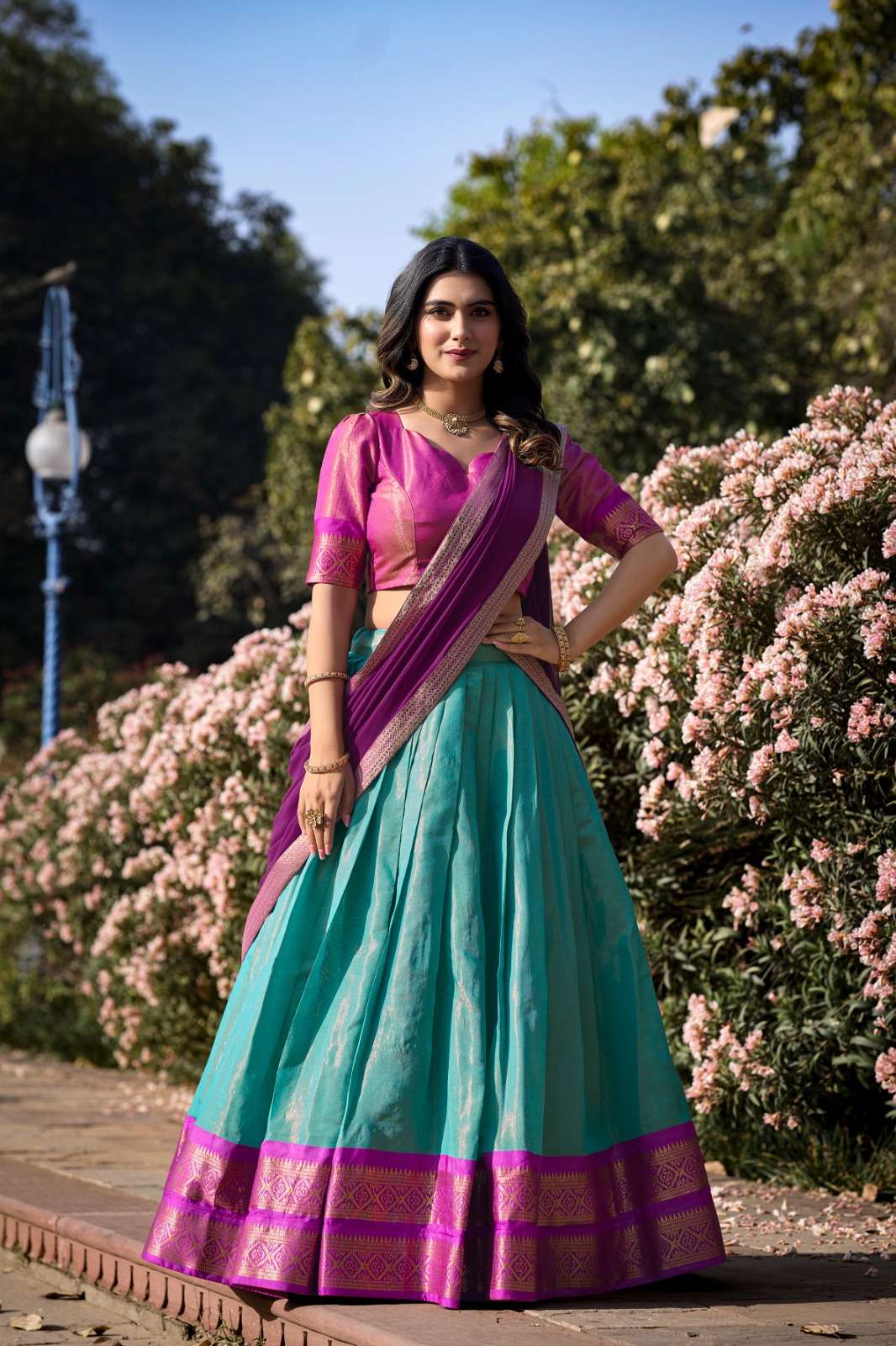 Mezos Aqua Blue & Magenta Banarasi Silk Half Saree Set | Amali Royal Heritage Collection