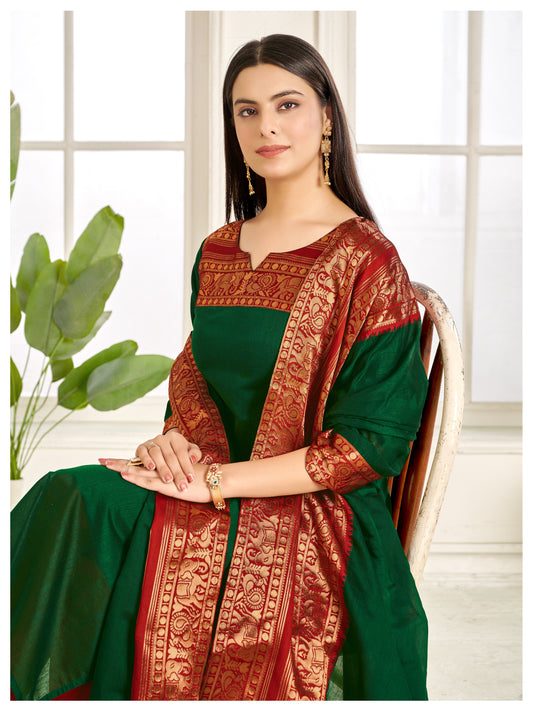 Mezos Emerald Green & Maroon Cotton Silk Suit Set with Golden Zari Border – Premium Ethnic Wear by Amali