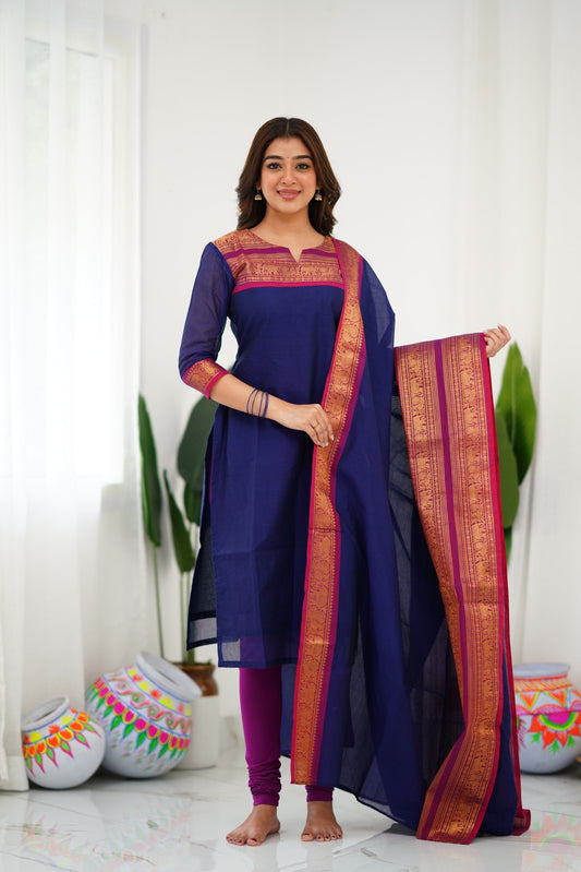 Mezos Navy Blue & Magenta Cotton Silk Suit Set with Golden Zari Border – Premium Ethnic Wear by Amali