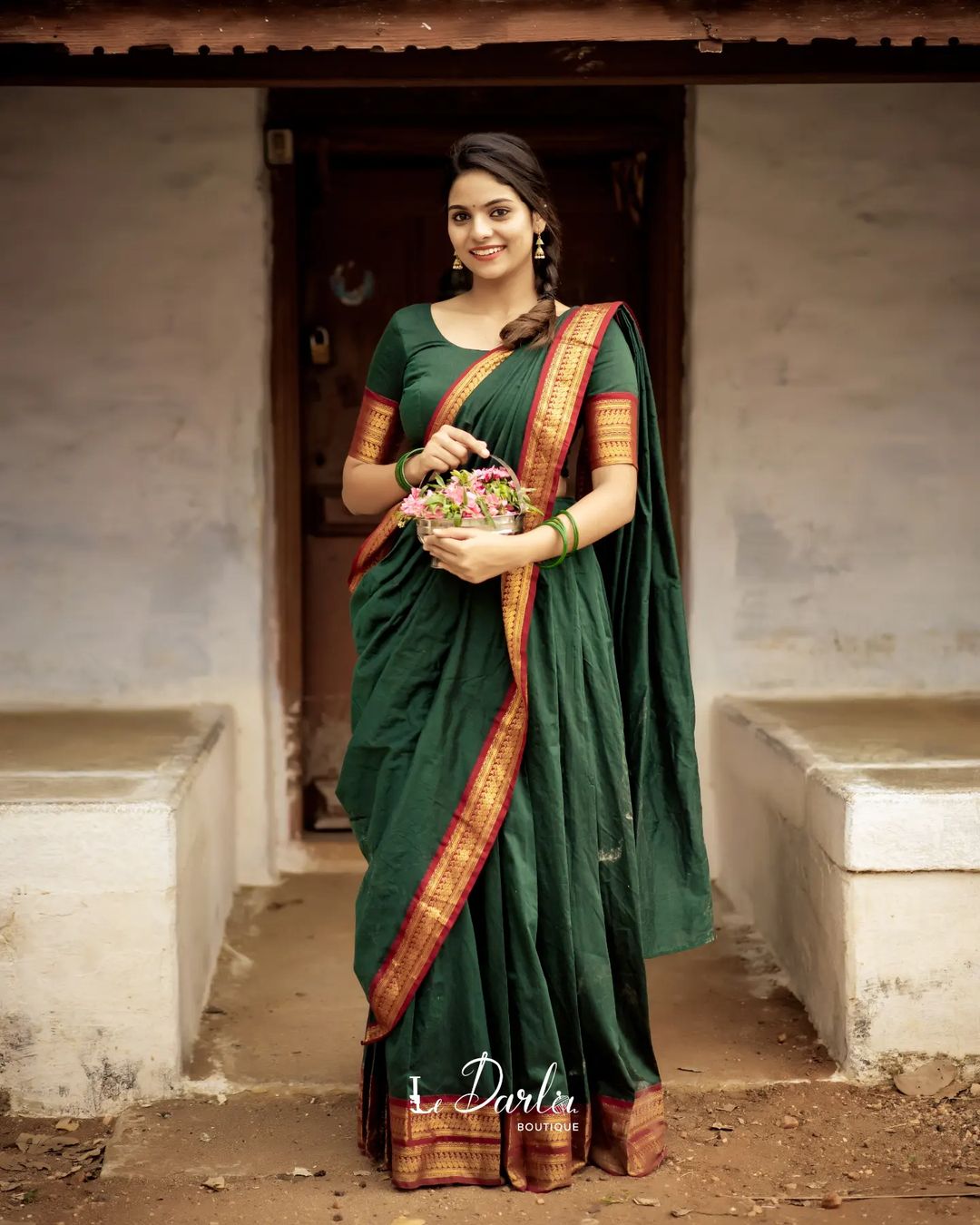 Mezos Bottle Green Banarasi Kanjivaram Silk Zari Half Saree Set | Amali Royal Heritage Collection
