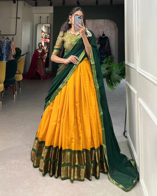 Mezos Mustard Yellow & Bottle Green Banarasi Silk Half Saree Set | Amali Royal Heritage Collection