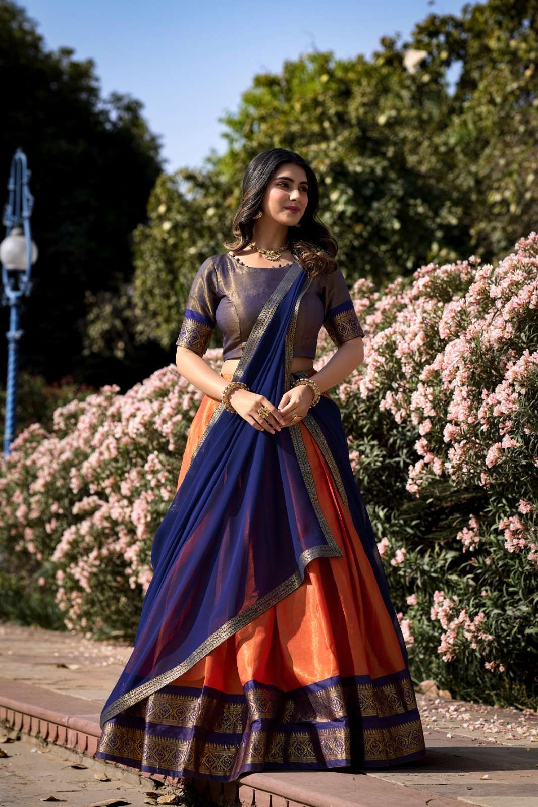 Mezos Royal Blue & Burnt Orange Banarasi Silk Half Saree Set | Amali Royal Heritage Collection