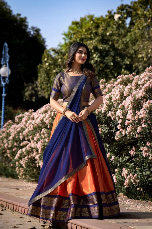 Mezos Royal Blue & Burnt Orange Banarasi Silk Half Saree Set | Amali Royal Heritage Collection