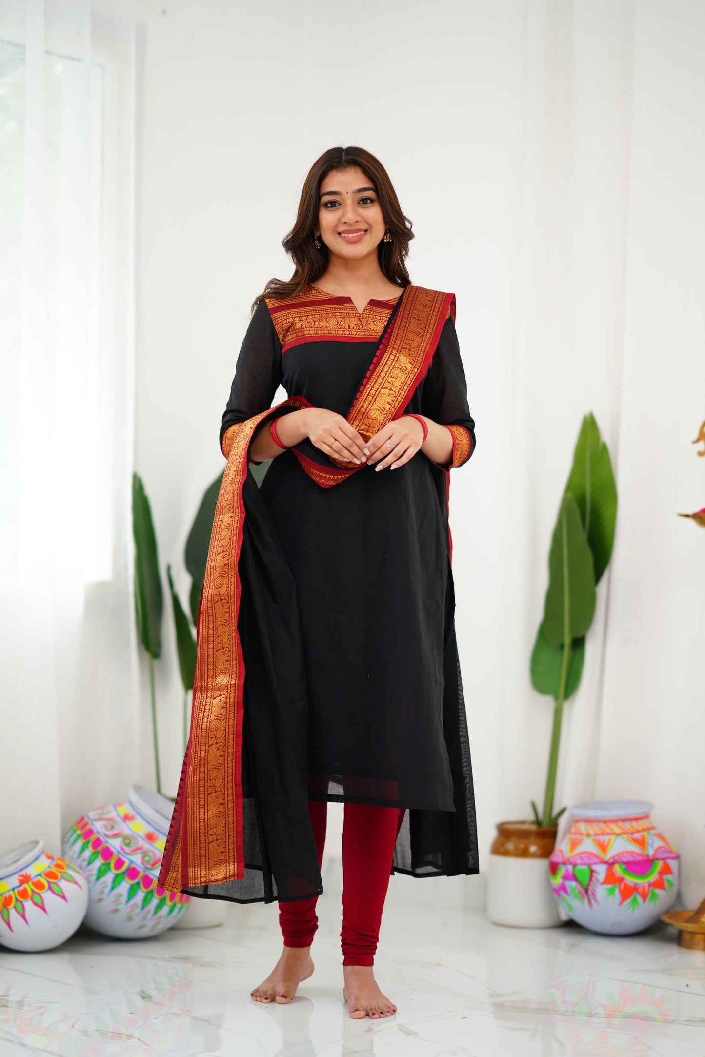 Mezos Black & Maroon Cotton Silk Suit Set with Golden Zari Border – Premium Ethnic Wear by Amali