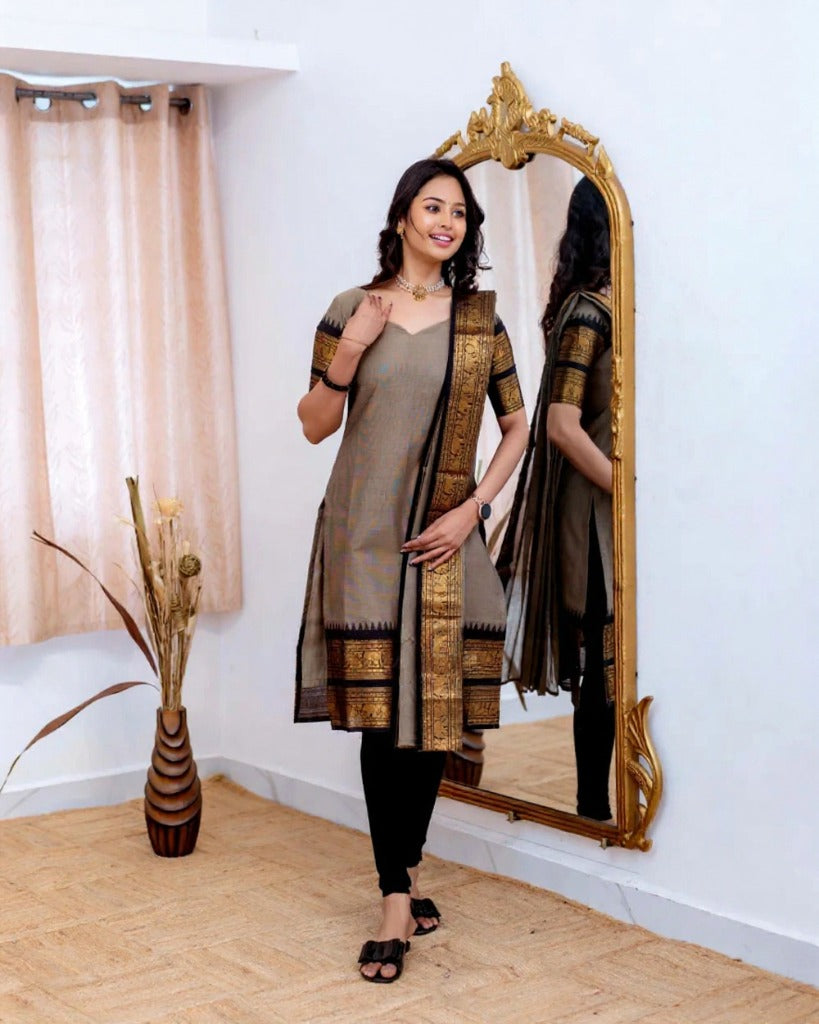 Mezos Grey & Black Cotton Silk Kurta with Golden Zari Dupatta – Elegant 2-Piece Set by Amali