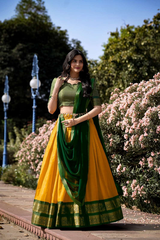 Mezos Mustard Yellow & Bottle Green Banarasi Silk Half Saree Set | Amali Royal Heritage Collection