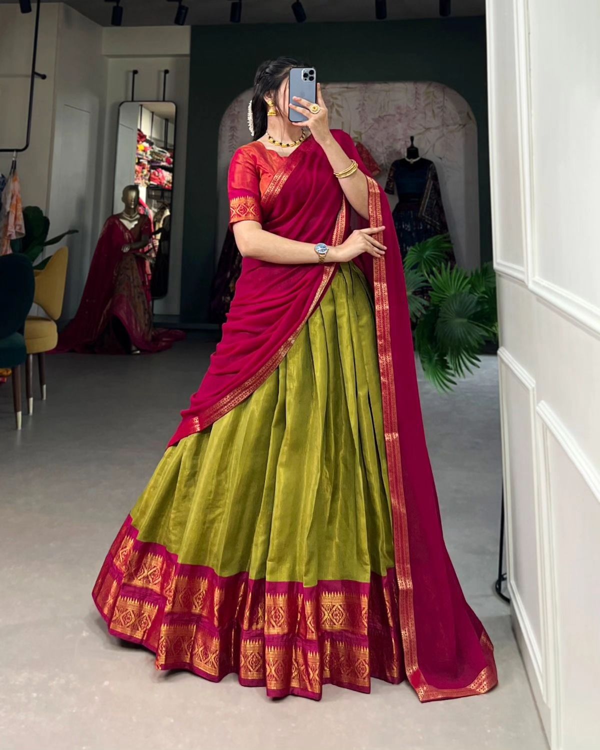 Mezos Olive Green & Rani Pink Banarasi Silk Half Saree Set | Amali Royal Heritage Collection