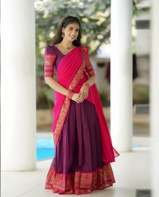Mezos Rani Pink & Plum Banarasi Silk Half Saree Set | Amali Royal Heritage Collection