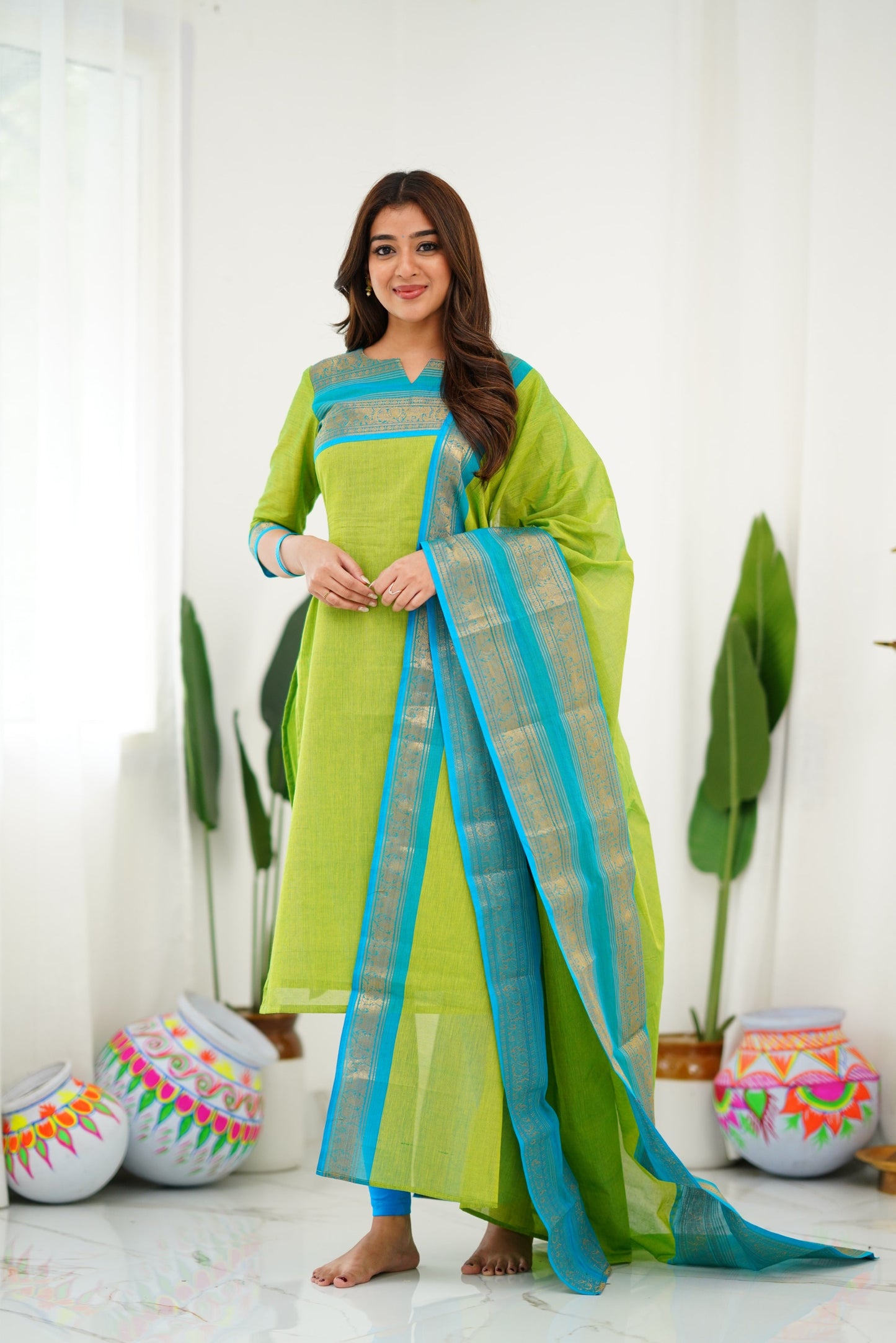 Mezos Lime Green & Sky Blue Cotton Silk Suit Set with Golden Zari Border – Premium Ethnic Wear by Amali