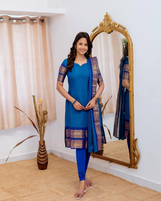 Mezos Royal Blue Cotton Silk Kurta with Golden Zari Dupatta – Elegant 2-Piece Set by Amali