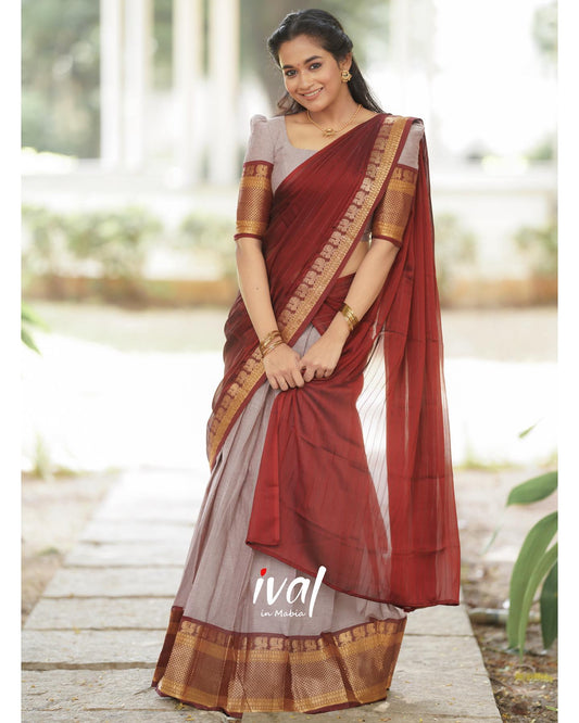 Mezos Maroon & Silver Grey Banarasi Silk Half Saree Set | Amali Royal Heritage Collection