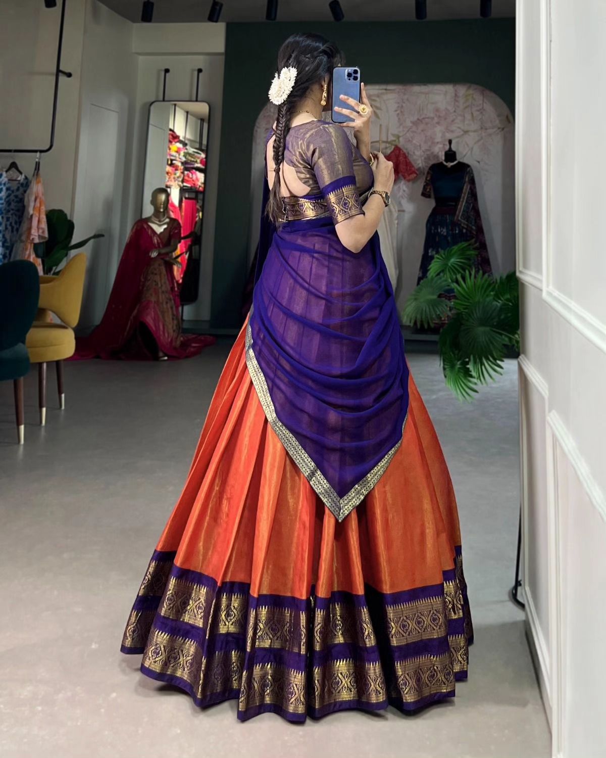 Mezos Royal Blue & Burnt Orange Banarasi Silk Half Saree Set | Amali Royal Heritage Collection