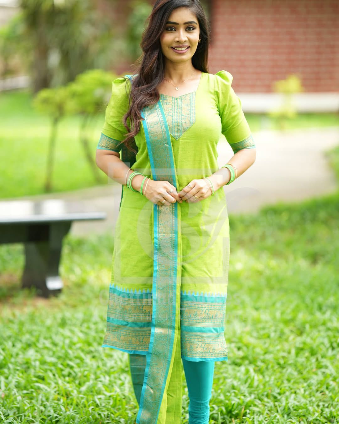 Lime Green & Teal Blue Zari Border Cotton Silk Kurta with Dupatta – Elegant Festive Wear by Amali