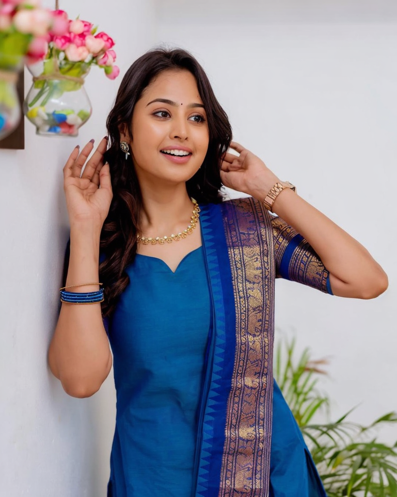 Mezos Royal Blue Cotton Silk Kurta with Golden Zari Dupatta – Elegant 2-Piece Set by Amali