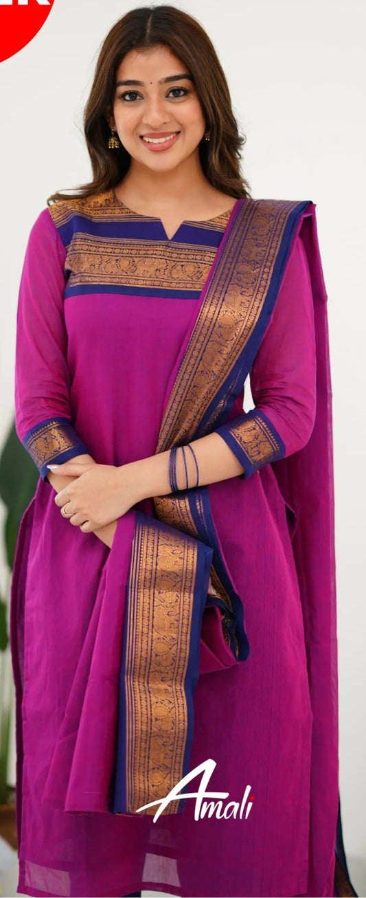Mezos Magenta & Navy Cotton Silk Suit Set with Golden Zari Border – Premium Ethnic Wear by Amali
