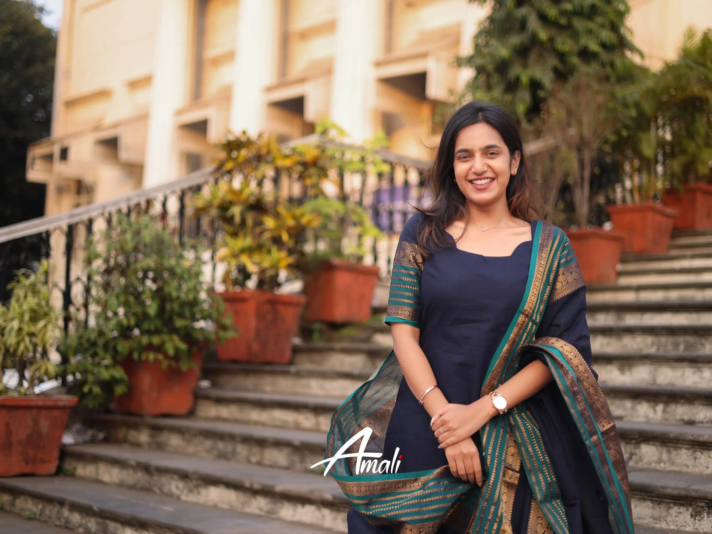 Mezos Navy Blue & Teal Cotton Silk Kurta with Golden Zari Dupatta – Elegant 2-Piece Set by Amali