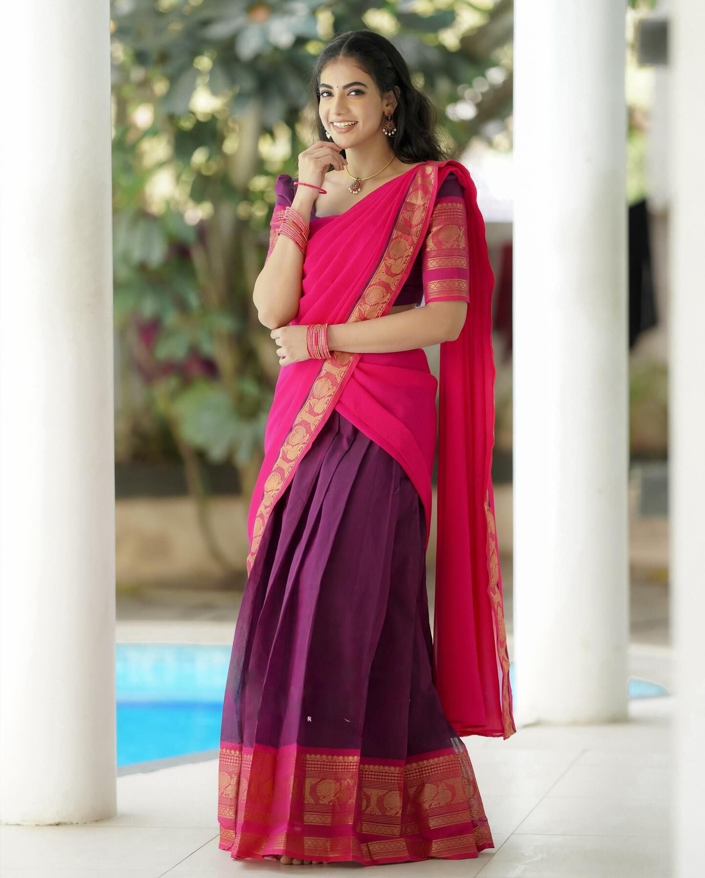 Mezos Rani Pink & Plum Banarasi Silk Half Saree Set | Amali Royal Heritage Collection