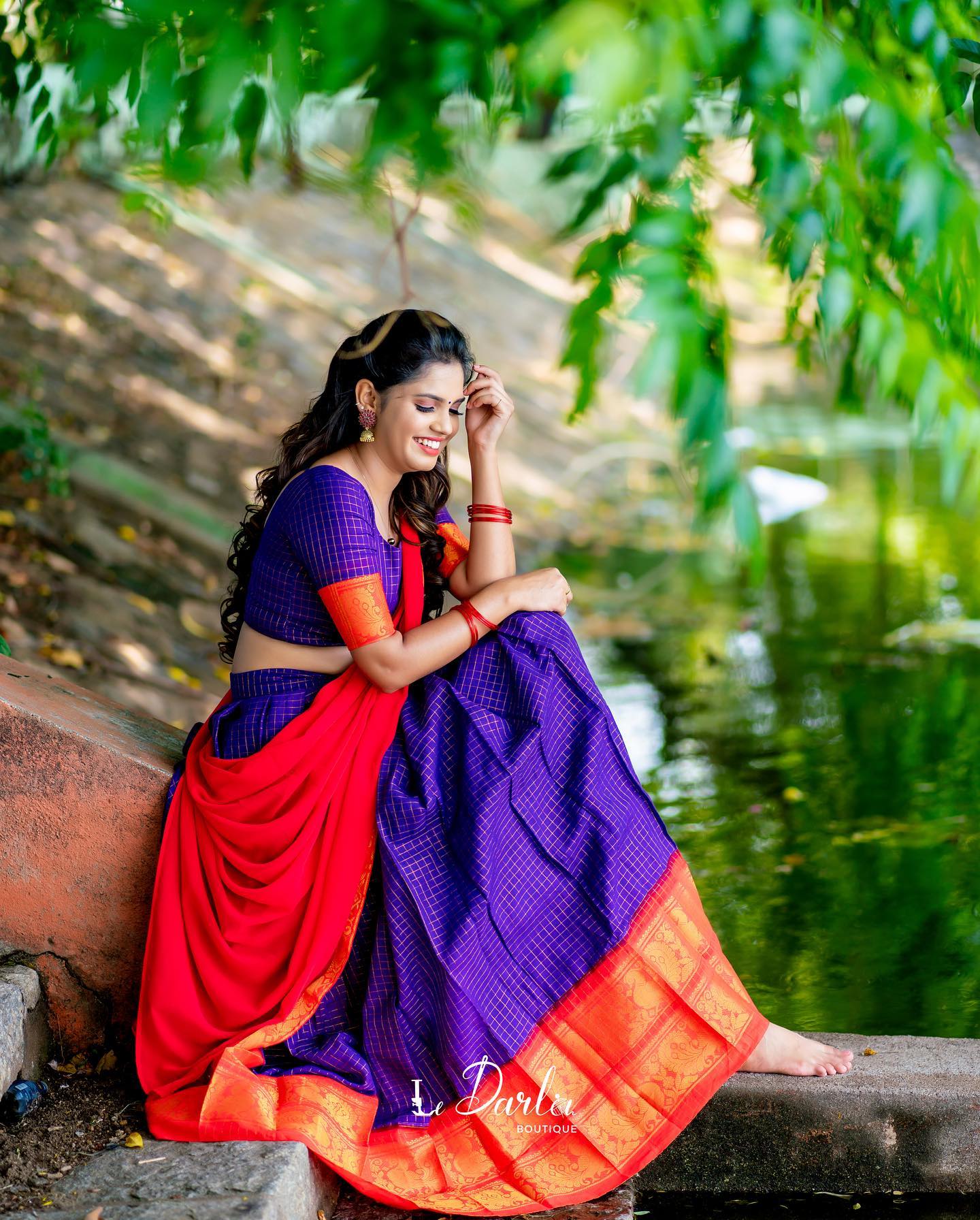 Mezos Royal Blue Checked & Red Banarasi Silk Zari Half Saree Set | Amali Royal Heritage Collection