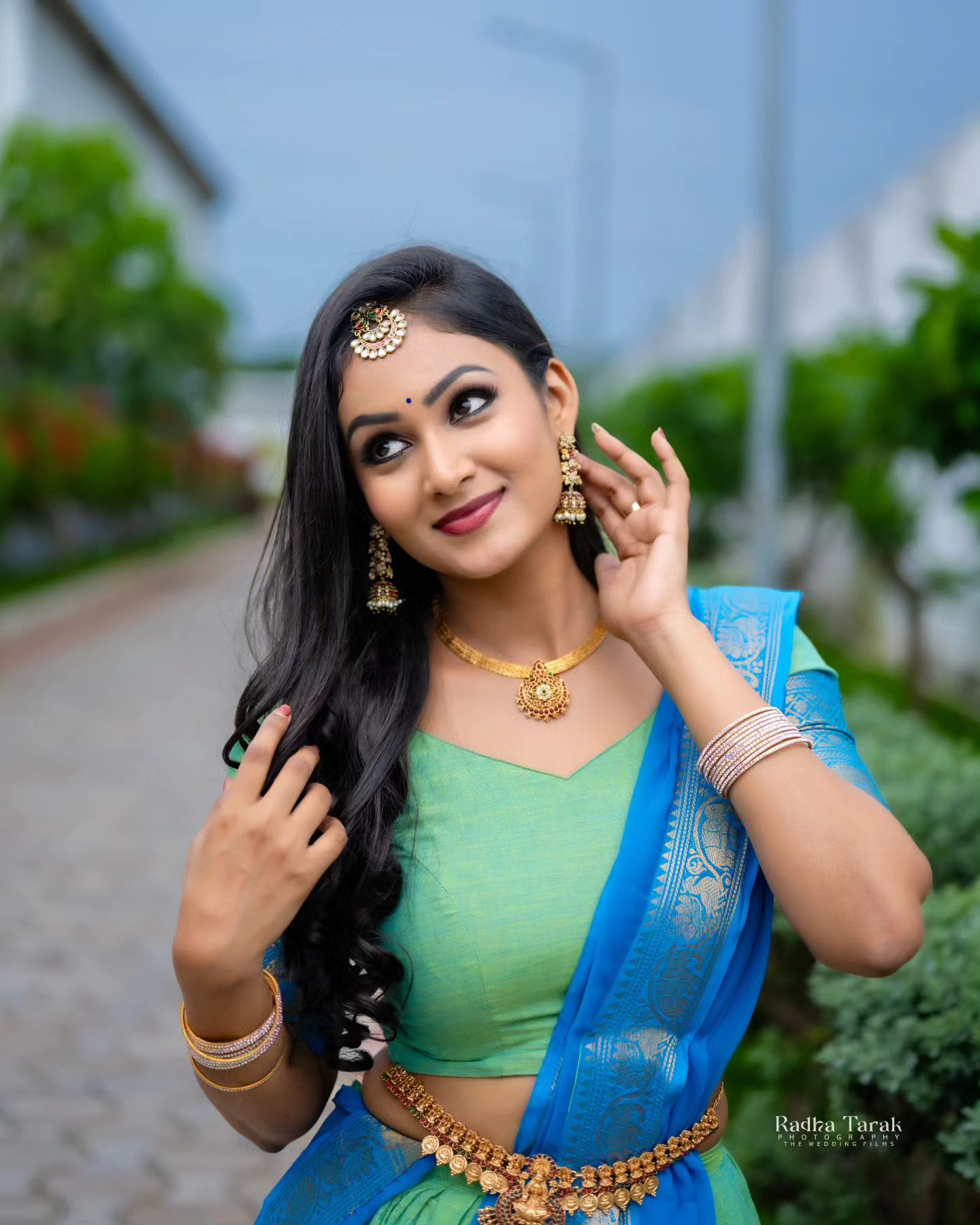 Mezos Aqua Blue & Parrot Green Banarasi Silk Half Saree Set | Amali Royal Heritage Collection