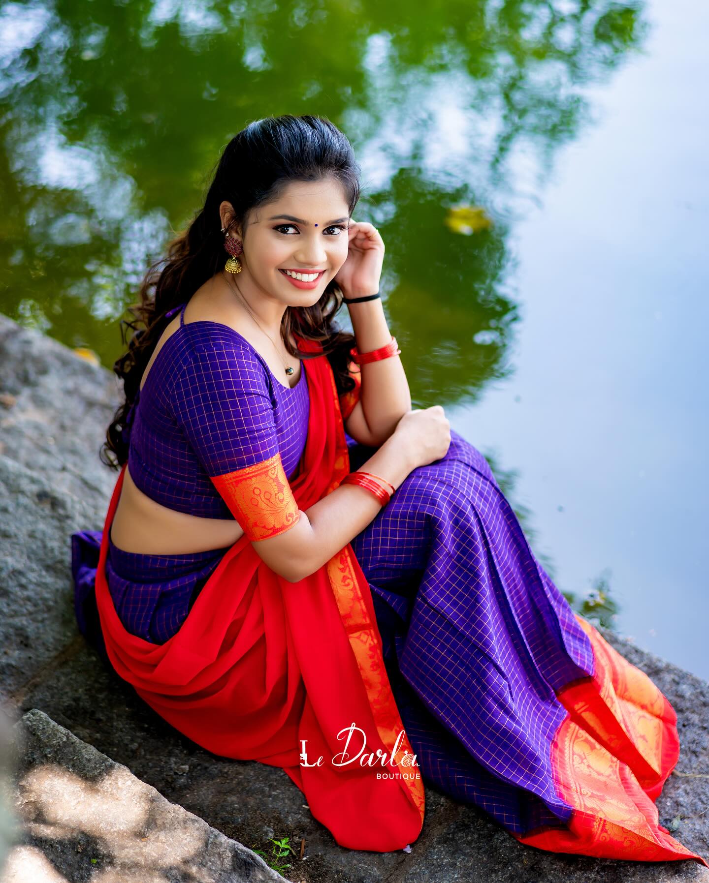 Mezos Royal Blue Checked & Red Banarasi Silk Zari Half Saree Set | Amali Royal Heritage Collection