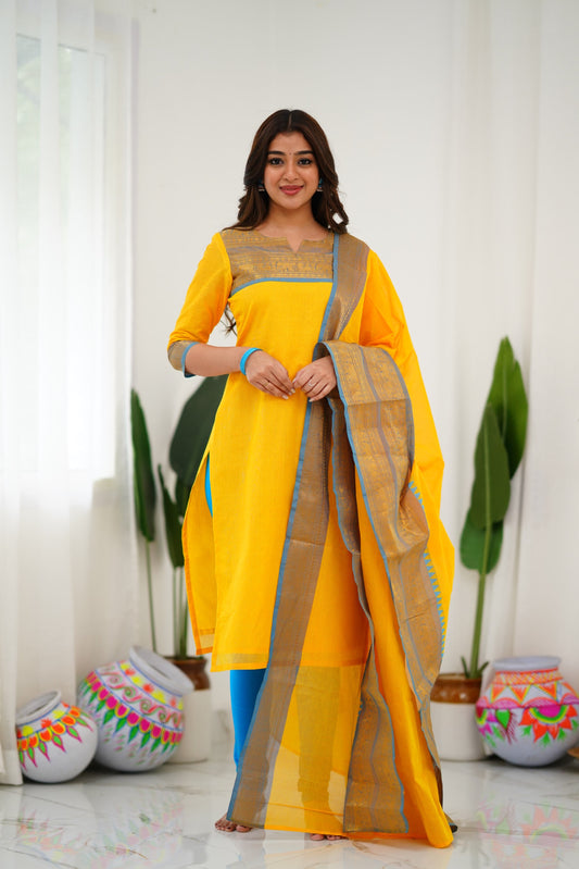 Mezos Yellow & Sky Blue Cotton Silk Suit Set with Golden Zari Border – Premium Ethnic Wear by Amali