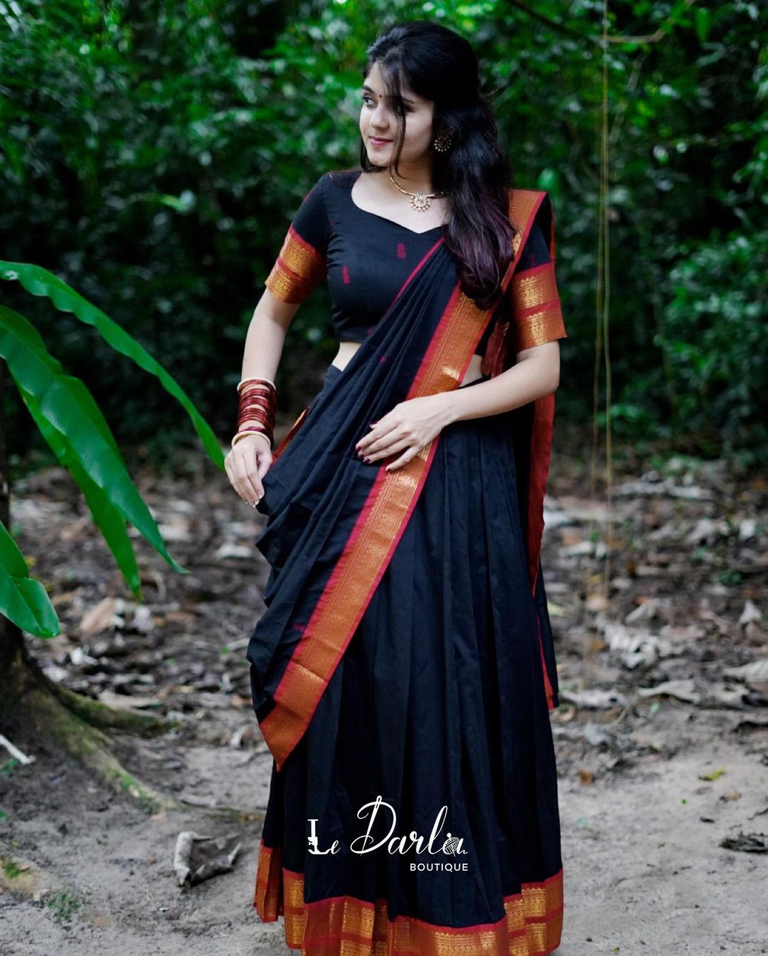 Mezos Black & Maroon Banarasi Kanjivaram Silk Zari Half Saree Set | Amali Royal Heritage Collection