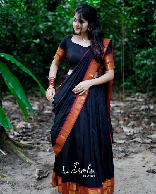 Mezos Black & Maroon Banarasi Kanjivaram Silk Zari Half Saree Set | Amali Royal Heritage Collection