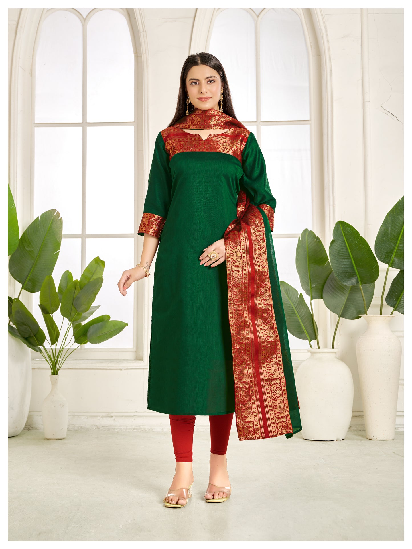 Mezos Emerald Green & Maroon Cotton Silk Suit Set with Golden Zari Border – Premium Ethnic Wear by Amali