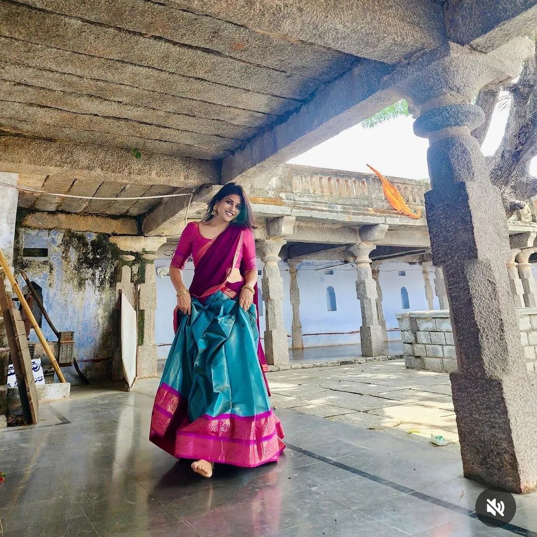 Mezos Aqua Blue & Magenta Banarasi Silk Half Saree Set | Amali Royal Heritage Collection