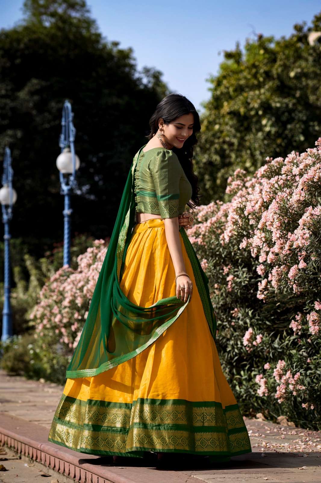 Mezos Mustard Yellow & Bottle Green Banarasi Silk Half Saree Set | Amali Royal Heritage Collection