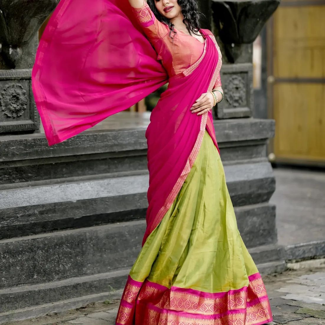 Mezos Olive Green & Rani Pink Banarasi Silk Half Saree Set | Amali Royal Heritage Collection