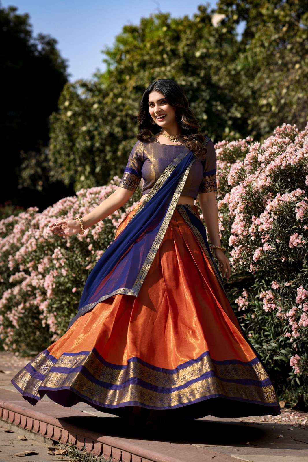 Mezos Royal Blue & Burnt Orange Banarasi Silk Half Saree Set | Amali Royal Heritage Collection