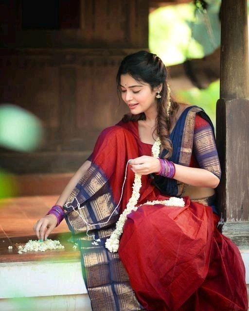 Mezos Navy Blue & Red Kanjivaram Banarasi Silk Zari Half Saree Set | Amali Royal Heritage Collection