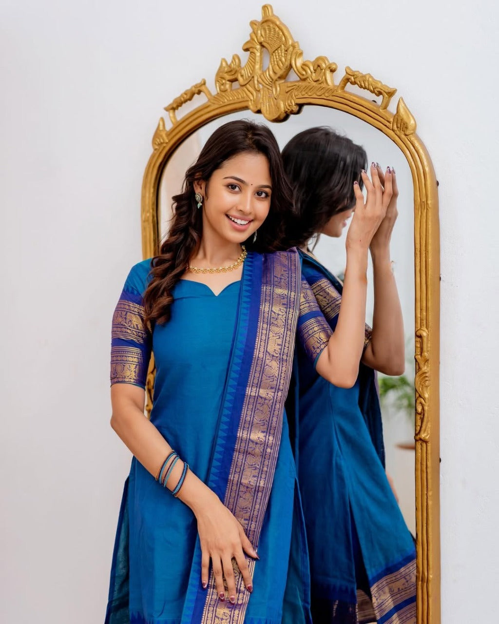 Mezos Royal Blue Cotton Silk Kurta with Golden Zari Dupatta – Elegant 2-Piece Set by Amali