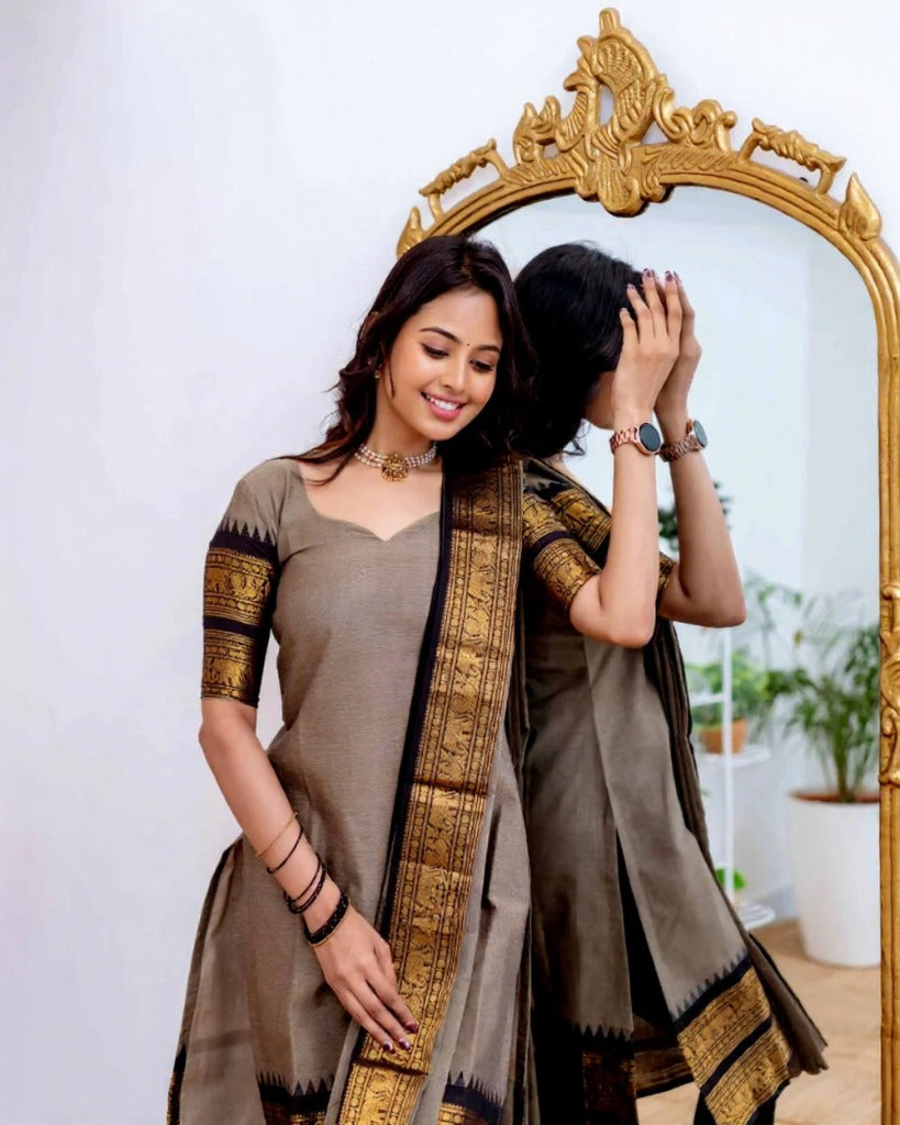 Mezos Grey & Black Cotton Silk Kurta with Golden Zari Dupatta – Elegant 2-Piece Set by Amali