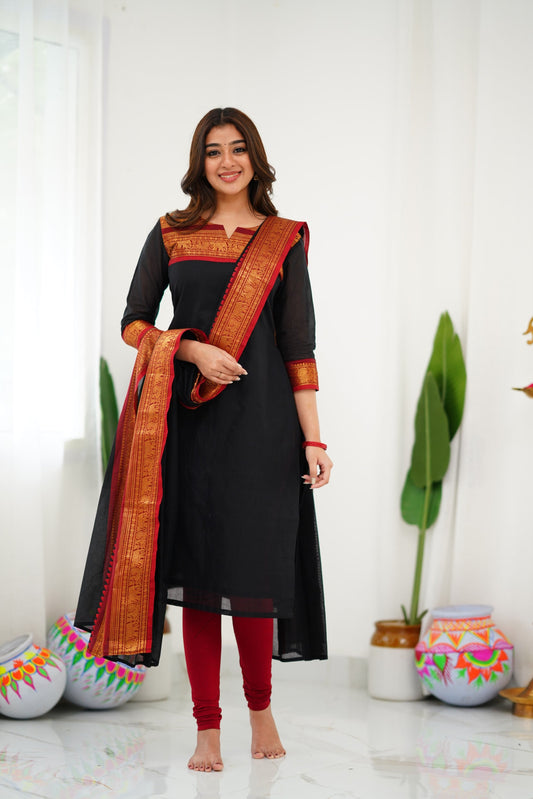 Mezos Black & Maroon Cotton Silk Suit Set with Golden Zari Border – Premium Ethnic Wear by Amali